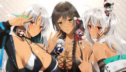 6+girls alabama_(azur_lane) amazuki_jou azur_lane black_choker black_hair blue_eyes body_markings braid breasts brown_eyes brown_hair chibi choker closed_mouth collarbone dark-skinned_female dark_skin facial_mark feather_hair_ornament feathers fishnets grey_hair hair_between_eyes hair_ornament hat highres jean_bart_(azur_lane) jewelry kirishima_(azur_lane) long_hair mask massachusetts_(azur_lane) mole mole_on_breast mouth_mask multiple_girls necklace ninja_mask on_shoulder peaked_cap purple_eyes short_hair south_dakota_(azur_lane) sparkle tirpitz_(azur_lane) washington_(azur_lane) white_hat white_nails yellow_eyes