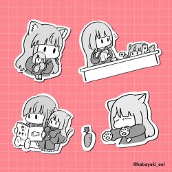 2girls =_= animal_ear_fluff animal_ears animal_hands assault_lily blunt_bangs book bottle carrot cat_ears cat_girl cat_paws cat_tail character_doll chibi closed_eyes cropped_torso cup desk doll frilled_skirt frills greyscale_with_colored_background grid_background hand_on_another&#039;s_arm hands_up holding holding_book holding_bottle holding_cup holding_doll holding_teapot jitome kabayaki_(kabayaki_eel) kanba_girls_high_school_uniform kemonomimi_mode kon_kanaho long_hair long_sleeves looking_at_another looking_at_object milk_bottle miyagawa_takane multiple_girls multiple_views no_mouth notice_lines outline outstretched_arms reading red_background sailor_collar school_uniform serafuku shirt shoe_soles shoes sitting skirt solid_oval_eyes standing tail teacup teapot translated twitter_username white_outline