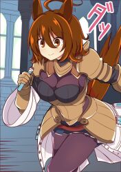 1girl agnes_tachyon_(umamusume) ahoge alternate_costume animal_ears armor bandolier belt breasts brown_eyes brown_gloves brown_hair capelet closed_mouth coat commentary_request cork corset cowboy_shot earrings gloves highres holding holding_test_tube horse_ears horse_girl indoors jewelry lab_coat long_sleeves medium_breasts open_clothes open_coat pants smile solo tail_raised test_tube umamusume wahiko_(black_bastard)