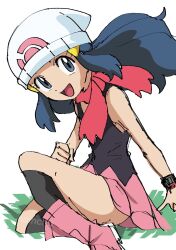 1girl ;d artist_name ass black_shirt black_socks blue_eyes blue_hair boots curvy dawn_(pokemon) eyelashes hainchu hair_ornament hairclip hat highres kneehighs long_hair looking_at_viewer nintendo one_eye_closed open_mouth pink_boots pink_skirt pokemon pokemon_(anime) pokemon_dppt_(anime) red_scarf scarf shirt sitting skirt sleeveless sleeveless_shirt smile socks white_background white_hat wide_hips