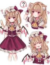 1girl ? animal_ear_fluff animal_ears ascot blonde_hair blush bow cat_ears cat_girl cat_tail closed_eyes closed_mouth commentary crystal crystal_wings fang flandre_scarlet frilled_skirt frills hat hat_bow heart jaku_sono kemonomimi_mode long_hair looking_at_viewer mob_cap multiple_views no_headwear one_side_up paw_pose puffy_short_sleeves puffy_sleeves red_bow red_eyes red_vest short_sleeves side_ponytail skirt skirt_set smile spoken_question_mark tail touhou vest white_hat yellow_ascot