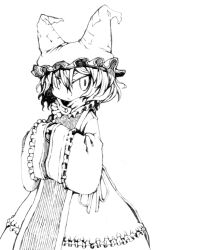 1girl animal_hat asakawa_remon closed_mouth commentary_request cowboy_shot dress expressionless frilled_sleeves frills greyscale hands_in_opposite_sleeves hat looking_at_viewer monochrome no_tail short_hair simple_background solo tabard touhou yakumo_ran