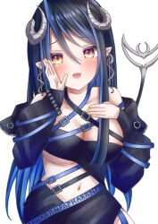 1girl absurdres bandeau belt black_bandeau black_belt black_hair black_jacket black_skirt blue_belt blue_hair blush breasts brown_eyes chest_belt cleavage cola_(250ml_cola) collarbone commentary_request curled_horns demon_girl demon_horns demon_tail fingernails grey_horns hair_between_eyes hand_on_own_chest hand_up hebiyoi_tier hebiyoi_tier_(1st_costume) highres horns jacket large_breasts long_hair long_sleeves looking_at_viewer multicolored_hair nanashi_inc. navel off_shoulder open_clothes open_jacket open_mouth pointy_ears sidelocks simple_background skirt smile solo tail two-tone_hair upper_body virtual_youtuber white_background