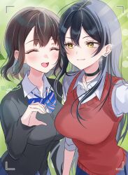 Rule 34 | 2girls, aono ruri (niwata0), black cardigan, black hair, blue bow, blue bowtie, blue skirt, blush, bow, bowtie, breasts, brown hair, cardigan, closed eyes, closed mouth, collared shirt, heart, heart hands, highres, large breasts, long hair, long sleeves, looking at viewer, medium hair, multiple girls, niwata0, open mouth, original, red sweater, red sweater vest, school uniform, shirt, skirt, smile, suou akane (niwata0), sweater, sweater vest, teeth, upper teeth only, viewfinder, white shirt, yellow eyes