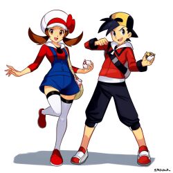 1boy 1girl artist_name backwards_hat bag baseball_cap black_eyes black_hair black_pants blue_overalls brown_hair commentary english_commentary ethan_(pokemon) hat highres holding holding_poke_ball hood hood_down hooded_jacket hoodie jacket looking_at_viewer lyra_(pokemon) medium_hair nintendo overalls pants poke_ball pokemon pokemon_hgss premier_ball red_jacket red_shirt shadow shirt short_hair simple_background smgold standing standing_on_one_leg thighhighs twintails ultra_ball white_background white_hat white_thighhighs