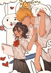1boy 1girl absurdres anger_vein black_hair black_skirt bleach collared_shirt cowboy_shot highres holding holding_paper karakura_high_school_uniform kuchiki_rukia kuilaogouhuabudongle kurosaki_ichigo orange_eyes orange_hair paper pen_to_mouth purple_eyes rabbit school_uniform shirt short_hair skirt spiked_hair white_shirt