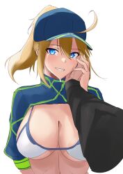 1girl absurdres ahoge artoria_pendragon_(fate) baseball_cap bikini blonde_hair blue_eyes blue_hat blue_shrug blush breasts cleavage fate/grand_order fate_(series) grin hat highres large_breasts long_hair long_sleeves looking_at_viewer mysterious_heroine_xx_(fate) ponytail pov s4ika shrug_(clothing) sidelocks smile solo_focus swimsuit tearing_up white_bikini