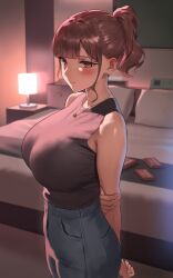 1girl anteiru arms_behind_back bare_arms bare_shoulders bed black_pants blunt_bangs blush breasts brown_eyes brown_hair closed_mouth commentary_request earrings fujisaki_honami highres indoors jewelry lamp large_breasts looking_at_viewer mature_female medium_hair necklace original pants ponytail shirt shirt_tucked_in sleeveless sleeveless_shirt solo