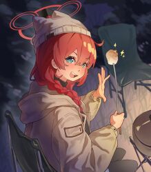 1girl :d beanie black_pantyhose blue_archive blue_eyes brown_hat brown_jacket chair commentary cooking_pot halo hands_up hat highres holding holding_skewer jacket long_sleeves looking_at_viewer looking_to_the_side maki_(blue_archive) maki_(camp)_(blue_archive) night official_alternate_costume official_alternate_hairstyle open_mouth outdoors pantyhose red_hair red_halo roasted_marshmallow sitting skewer smile sparkle tomo22