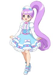 1girl :d bad_id blue_dress blue_shoes blunt_bangs blush bow dot_nose dress dress_bow frilled_dress frills full_body high_ponytail highres idol idol_clothes long_hair long_sleeves manaka_non medium_dress no_pupils open_mouth pink_bow ponytail pretty_series pripara purple_eyes purple_hair shoes simple_background smile solo standing straight_hair very_long_hair wavy_sidelocks white_background white_headdress yakizakana_(yakizakana10967)