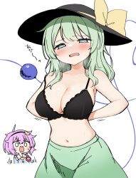 @_@ adjusting_clothes blush bow bra breasts green_eyes green_hair green_skirt hat hat_bow highres hot komeiji_koishi komeiji_satori lace lace-trimmed_bra lace_trim large_breasts open_mouth skirt sun_hat surprised suwa_yasai sweat third_eye touhou underwear