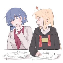 2girls ahoge alternate_costume anger_vein black_hoodie blonde_hair blue_hair blush bocchi_the_rock! closed_eyes collared_shirt commentary_request detached_ahoge drawstring dress_shirt eating hair_ornament hair_over_one_eye hairclip holding holding_napkin holding_spoon hood hood_down hoodie ijichi_nijika jacket long_hair looking_at_another medium_hair mole mole_under_eye multiple_girls no_sclera open_mouth plate raven_(099stardive) red_eyes red_shirt shirt side_ponytail sidelocks simple_background spoon suit_jacket sweatdrop tray white_background white_jacket white_shirt wiping_mouth yamada_ryo