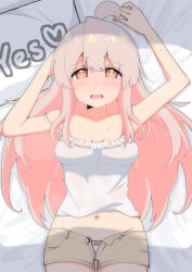 1girl absurdres ahoge alternate_breast_size arms_up bare_arms bare_shoulders blush bow bow_panties breasts breasts_apart camisole collarbone commentary cowboy_shot groin hair_between_eyes hair_spread_out highres hiro_(05112423) long_hair looking_at_viewer lying medium_breasts midriff navel on_back onii-chan_wa_oshimai! open_clothes open_fly open_mouth open_shorts orange_eyes oyama_mahiro panties pillow pink_hair short_shorts shorts solo strap_slip sweat tearing_up thigh_gap underwear very_long_hair white_camisole white_panties yes-no_pillow