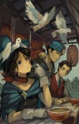 1girl 2boys absurdres ace_attorney apollo_justice bird booth_seating highres kornod lantern looking_at_animal multiple_boys paper_lantern phoenix_wright trucy_wright