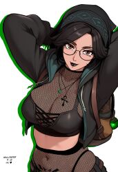 1girl absurdres alma_(monster_hunter_wilds) alternate_costume black_bra black_hair bra breasts brown_eyes chin_piercing cleavage eyebrow_piercing fishnet_top fishnets glasses goth_fashion highres large_breasts looking_at_viewer monster_hunter_(series) monster_hunter_wilds navel piercing redpostit solo underwear