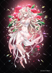 1girl absurdres ahoge animal_ears armpits arms_behind_head arms_up bare_shoulders barefoot blonde_hair bow breasts cat_ears center_frills choker cleavage collarbone commentary_request criss-cross_halter crop_top flower frilled_shirt frilled_skirt frills full_body grey_eyes hair_flower hair_ornament hair_rings halterneck heart heart_ahoge heterochromia hibiwa highres large_breasts lee_jooin long_hair looking_at_viewer midriff mole mole_on_breast multicolored_hair navel parted_lips pink_skirt red_bow red_eyes red_flower rose shirt skirt sleeveless sleeveless_shirt solo stomach streaked_hair thighs v-lup very_long_hair virtual_youtuber white_choker white_shirt