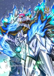 Rule 34 | artist name, blue fire, digimon, digimon (creature), fenriloogamon, fire, forehead jewel, highres, looking at viewer, no humans, red eyes, sawa d, twitter username, wolf