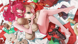 1girl animal_ears annie_(league_of_legends) barefoot black_shoes fake_animal_ears from_above green_eyes highres hugging_doll hugging_object league_of_legends lying on_bed on_side open_mouth red_hair red_nails shirt shoes shorts smile solo stuffed_animal stuffed_toy teddy_bear unworn_shoes white_shirt white_shorts yonchan