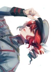 1girl absurdres arm_up belt black_belt black_sleeve_cuffs bow commentary_request double-parted_bangs drill_hair fingernails flat_chest grey_hat grey_jacket hair_between_eyes hair_bow hair_ribbon hat highres itsukey_mouse jacket kasane_teto kasane_teto_(sv) kepi lips military_hat musical_staff musical_staff_print red_eyes red_hair red_nails ribbon shoulder_belt shoulder_boards simple_background solo striped_clothes striped_jacket synthesizer_v twin_drills upper_body utau white_background white_bow white_ribbon