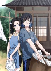 0702_yuwina 1boy 1girl apron black_hair black_shorts blue_apron blue_eyes blue_hair blue_shirt butterfly_hairpiece butterfly_hairpin green_eyes hair_ornament hairpiece hairpin hashibira_inosuke highres kanzaki_aoi_(kimetsu_no_yaiba) kimetsu_no_yaiba laundry laundry_basket multicolored_hair pants pout bed_sheet shirt shorts t-shirt two-tone_hair yellow_shirt