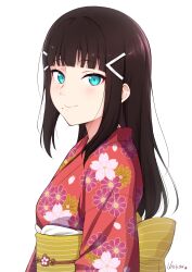 1girl aqua_eyes arms_at_sides artist_name back_bow black_hair blunt_bangs blush bow closed_mouth commentary floral_print flower_symbol from_side hair_ornament hairclip highres japanese_clothes kimono kurosawa_dia long_hair long_sleeves looking_at_viewer looking_to_the_side love_live! love_live!_sunshine!! mole mole_under_mouth obi obijime print_kimono red_kimono sash sidelocks simple_background smile solo unsfrau upper_body white_background yellow_bow