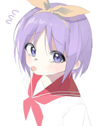 1girl blue_eyes bow commentary crying crying_with_eyes_open hairband highres hiiragi_tsukasa juice10su looking_at_viewer lucky_star motteke!_serafuku neckerchief pink_neckerchief purple_hair red_sailor_collar ryouou_school_uniform sailor_collar school_uniform serafuku short_hair simple_background sketch solo tareme tears tongue tongue_out yellow_bow yellow_hairband