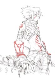 .hack// .hack//g.u. 1boy bare_shoulders commentary_request crop_top cropped_legs gauntlets haseo_(.hack//) highres holding holding_sword holding_weapon looking_to_the_side maishi male_focus red_eyes short_hair sketch solo spot_color stomach_tattoo sword tattoo weapon