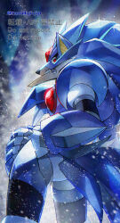 Rule 34 | 1boy, blizzard wolfang (mega man), chest jewel, cowboy shot, forehead jewel, from behind, highres, male focus, mega man (series), mega man x6, mega man x (series), non-humanoid robot, red eyes, robot, robot animal, solo, twitter username, wolf, yamanashi taiki