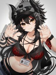 1girl armpits baseball_cap belt black_belt black_hair black_horns breasts cleavage closed_mouth collarbone demon_tail eyewear_on_headwear grey_hat hair_between_eyes hair_ornament hat highres horns indie_virtual_youtuber jewelry lanyard long_hair navel necklace riki-to shadow smile solo stomach sunglasses tail vanilluu_(vtuber) virtual_youtuber yellow_eyes