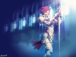 1girl animification armor blue_theme chainmail church closed_eyes female_focus gauntlets genzoman greaves impossible_armor impossible_clothes jeanne_d&#039;arc level-5 muted_color real_life red_hair short_hair solo sword thighhighs weapon zettai_ryouiki