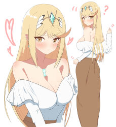 1girl absurdres alternate_costume blonde_hair blush breasts chest_jewel cleavage collarbone commentary_request heart highres large_breasts long_hair long_skirt long_sleeves low_neckline mythra_(xenoblade) off-shoulder_shirt off_shoulder shirt skirt solo swept_bangs tiara very_long_hair xenoblade_chronicles_(series) xenoblade_chronicles_2 yellow_eyes yoshikirino