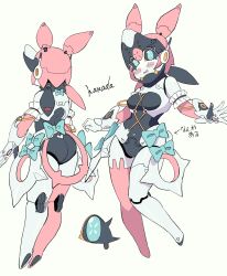 1girl aqua_bow aqua_eyes armlet ass black_sclera blush bow colored_sclera frilled_armlet from_behind full_body hanada_(cobalt003) highres humanoid_robot jewelry joints looking_at_viewer multiple_views no_feet robot robot_joints yutane_johiel zenless_zone_zero