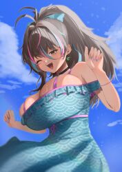 1girl absurdres antenna_hair black_choker blue_dress blue_hair blue_nails breasts brown_hair choker cloud commission dark-skinned_female dark_skin dress earrings eyelashes gvmmr highres huge_breasts indie_virtual_youtuber jewelry large_breasts long_hair multicolored_hair neon_harper one_eye_closed open_mouth pink_hair ponytail purple_nails purple_ribbon ribbon skeb_commission sky solo virtual_youtuber yellow_eyes