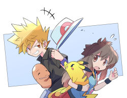 1boy 1girl black_shirt blue_oak blue_shirt brown_hair charmander clothes_theft flying_sweatdrops gen_1_pokemon grin hat_theft highres leaf_(pokemon) nintendo open_mouth pikachu pokemon pokemon_(creature) pokemon_frlg rascal_(feuille) reaching shirt smile spiked_hair theft wristband