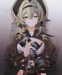 1girl absurdres aponia_(honkai_impact) breasts brown_hair brown_shirt card cleavage clothing_cutout fibonacci_no_usagi green_eyes hair_between_eyes hair_ornament hat highres holding holding_card honkai_(series) honkai_impact_3rd kevin_kaslana kosma large_breasts long_sleeves looking_at_viewer mobius_(honkai_impact) open_mouth pink_pupils puffy_long_sleeves puffy_sleeves shirt side_cutout smile solo su_(honkai_impact) teeth top_hat upper_body vill-v
