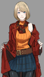 1girl artist_name ashley_graham bare_shoulders belt black_pantyhose blonde_hair blue_eyes breasts brown_belt butcha-u capcom coat commentary_request cowboy_shot grey_background highres lapels looking_at_viewer medium_breasts medium_hair open_clothes open_coat orange_sweater pantyhose plaid_clothes plaid_skirt pleated_skirt red_coat red_scarf redesign resident_evil resident_evil_4 resident_evil_4_(remake) ribbed_sweater scarf signature simple_background skirt sleeveless sleeveless_turtleneck smile solo sweater swept_bangs turtleneck turtleneck_sweater