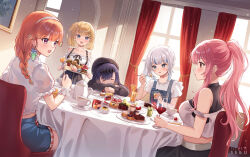 5girls alcohol beret black_hair blonde_hair blue_hair blue_overalls blue_shorts braid cake chair cup drinking_glass food fork gawr_gura gawr_gura_(casual) green_hair hat holding holding_fork hololive hololive_english holomyth long_hair looking_at_another looking_at_viewer medium_hair mori_calliope mori_calliope_(streetwear) multicolored_hair multiple_girls ninomae_ina&#039;nis ninomae_ina&#039;nis_(casual) official_alternate_costume open_mouth orange_hair overalls pink_hair ponytail purple_hair red_wine sebu_illust shirt shorts smile streaked_hair takanashi_kiara takanashi_kiara_(casual) twin_braids very_long_hair virtual_youtuber watson_amelia watson_amelia_(street_casual) white_hair white_shirt wine wine_glass
