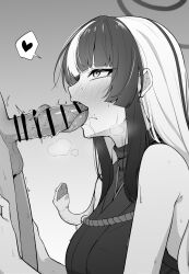 1boy 1girl azami_(blue_archive) bar_censor bare_arms bare_shoulders blue_archive blunt_bangs blush breasts censored clothed_female_nude_male clothed_sex commentary fang fellatio forked_tongue from_side gradient_background grey_background greyscale halo heart heavy_breathing hetero highres japanese_clothes kimono large_breasts long_hair long_tongue looking_at_another looking_up monochrome multicolored_hair nose_blush nude open_mouth oral penis profile saliva shirt sidelocks sleeveless sleeveless_kimono snake snake_hair solo_focus speech_bubble spoken_heart sweat tennen_inari testicles tongue tongue_out twitching_penis two-tone_hair upper_body
