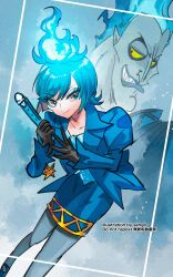 Rule 34 | 1boy, 1girl, absurdres, airagency1005, animification, black gloves, blue fire, blue hair, blue lips, closed mouth, disneyland, fiery hair, fire, formal clothes, gloves, hades (disney), hercules (1997 movie), highres, lipstick, long sleeves, looking at viewer, makeup, ms. hades, short hair, smile, suit