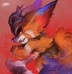 1boy angry animal_ears animal_nose blue_fur chinese_commentary commentary_request fangs furry furry_male gnar_(league_of_legends) hair_ornament highres holding holding_weapon league_of_legends looking_at_viewer multicolored_fur orange_fur purple_fur red_background scar scar_across_eye scar_on_face signature skull_hair_ornament tail weapon zhaowaaa