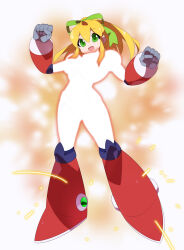 Rule 34 | absurdres, armor, armored boots, armored gloves, arms up, blonde hair, blurry, blurry background, boots, breasts, glowing, green eyes, green ribbon, hair ribbon, henshin, henshin pose, highres, hyper roll (marvel vs. capcom), joints, kaidou zx, knee boots, knee pads, large breasts, long hair, looking at viewer, marvel vs. capcom, mechanical arms, mechanical boots, mechanical legs, mega man (classic), mega man (series), ponytail, red armor, red boots, ribbon, robot, robot girl, robot joints, roll (mega man), shoulder armor, sidelocks, simple background, smile, sparks, transformation, white background
