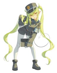 1girl :p absurdres armband black_jacket black_shoes black_shorts blue_archive blue_armband da00o01 demon_girl demon_tail earrings full_body gloves green_hair hand_on_own_hip hat highres jacket jewelry long_hair long_sleeves looking_at_viewer nozomi_(blue_archive) pantyhose pantyhose_under_shorts pointy_ears shoes short_shorts shorts simple_background solo tail tongue tongue_out twintails very_long_hair white_background white_gloves white_pantyhose yellow_eyes