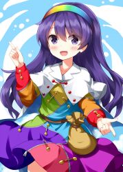 1girl :d belt_pouch blue_background blush cape commentary cowboy_shot dress hair_between_eyes hairband hand_up highres index_fingers_raised long_hair long_sleeves looking_at_viewer multicolored_dress multicolored_hairband open_mouth pouch print_cape purple_eyes purple_hair rainbow_gradient ruu_(tksymkw) sky_print smile solo tenkyuu_chimata touhou two-sided_cape two-sided_fabric white_cape