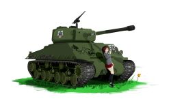 1girl absurdres ace_(playing_card) ace_of_spades breasts brown_eyes brown_hair card commentary deryuuter emblem english_commentary flower girls_und_panzer gun highres m4_sherman m4a3e8 machine_gun military military_vehicle motor_vehicle necktie original playing_card poker ponytail saunders_(emblem) saunders_school_uniform school_uniform shirt skirt smile spade_(shape) standing tank vehicle_focus weapon white_background