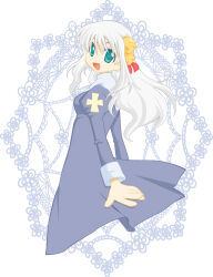 1girl bell commentary_request cowboy_shot dress green_eyes grey_dress grey_hair hair_bell hair_ornament jingle_bell juliet_sleeves long_hair long_sleeves looking_at_viewer looking_to_the_side lowres nayuruonline open_mouth priest_(ragnarok_online) puffy_sleeves ragnarok_online smile solo white_background