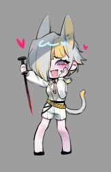 Rule 34 | 1girl, :d, animal ears, ascot, belt, blonde hair, cat ears, cat girl, cat tail, chibi, fang, full body, grey background, grey eyes, hair over one eye, heart, highres, holding, holding nail, kromer (project moon), limbus company, long sleeves, looking at viewer, multicolored hair, nail (hardware), open mouth, project moon, shirt, short hair, shorts, simple background, smile, solo, standing, streaked hair, tail, wax seal, white ascot, white hair, white shirt, white shorts, yellow belt, zero letter