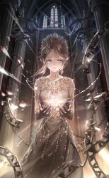 1girl arm_cutout artist_request bare_shoulders black_dress black_gloves broken broken_chain brown_hair chain cowboy_shot crying crying_with_eyes_open downturned_eyes dream_and_dawn_(shining_nikki) dress dungeon elbow_gloves eyelashes floating_hair frilled_gloves frills game_cg gloves gradient_clothes gradient_dress hair_bun hair_ornament highres jewelry krista_(shining_nikki) light_particles long_dress looking_at_object magic necklace nikki_(series) official_art parted_bangs parted_lips pillar purple_eyes sad shining_nikki short_hair single_hair_bun solo standing straight-on strapless strapless_dress teardrop tears third-party_source two-tone_dress updo wavy_hair white_dress window