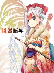 Rule 34 | 1girl, absurdres, asymmetrical hair, bird, blush, chicken, chinese zodiac, female focus, fur collar, fur trim, gohei, grey eyes, hair between eyes, hair ornament, hair ribbon, happy new year, haraegushi, highres, holding, japanese clothes, karumayu, kimono, long hair, multicolored hair, nengajou, new year, oonusa, original, red ribbon, ribbon, rooster, sash, shide, silver hair, smile, solo, streaked hair, white background, year of the rooster