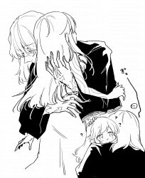 1boy 1girl :t ? absurdres bare_arms bare_shoulders blush closed_eyes closed_mouth curse_maker curse_maker_1 doctor_magus doctor_magus_4 dress etrian_odyssey greyscale hair_between_eyes hand_on_another&#039;s_head highres hug long_hair long_sleeves monochrome nikki_kyousuke shirt simple_background sleeveless sleeveless_dress translation_request very_long_hair white_background wide_sleeves