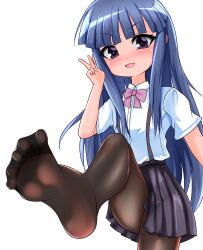 1girl arm_at_side black_pantyhose blue_hair blush bow bowtie dot_nose eyebrows_hidden_by_hair eyelashes female_focus flat_chest foot_out_of_frame furude_rika hand_up higurashi_no_naku_koro_ni leg_up loli long_hair looking_at_viewer open_mouth pantyhose pink_bow pink_bowtie purple_eyes purple_skirt saratto_2zyo shirt short_sleeves simple_background skirt smile solo standing standing_on_one_leg v white_background white_shirt